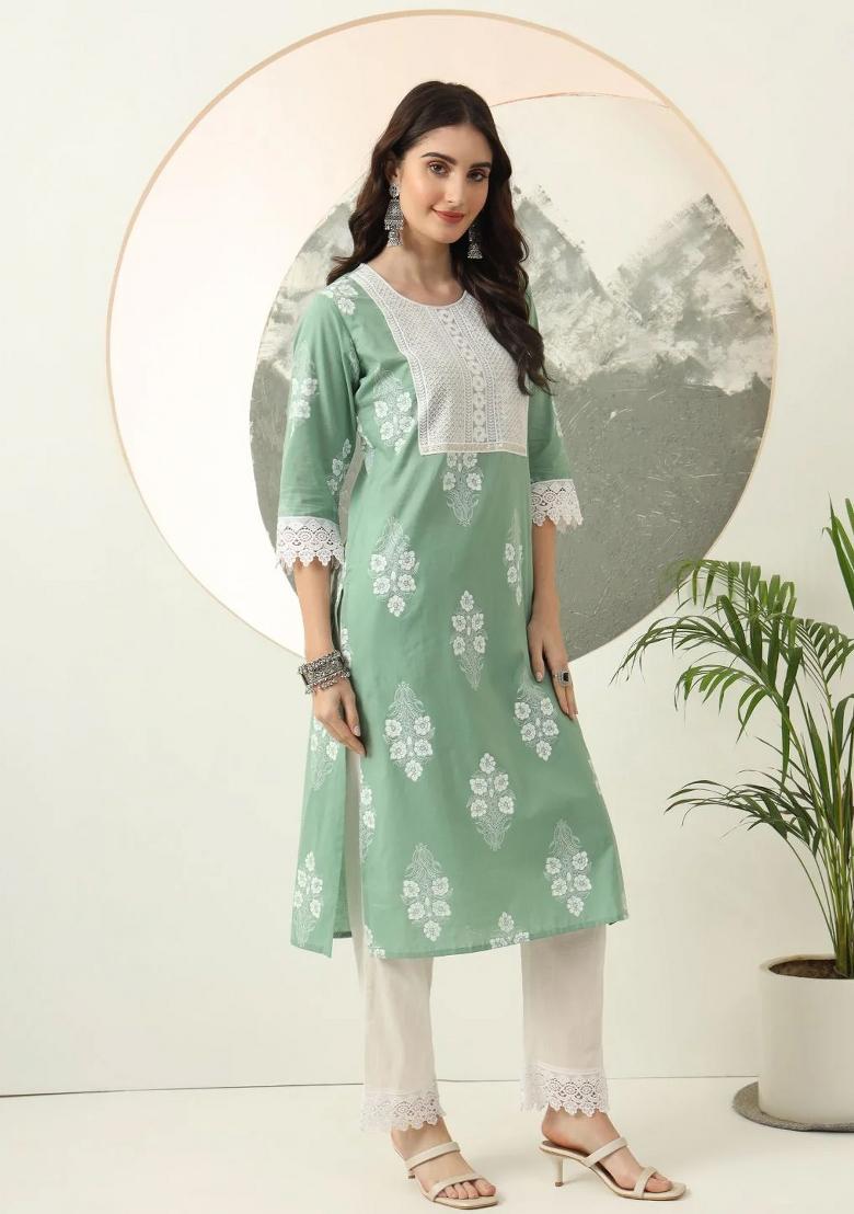 Green Printed Cotton Kurta Dupatta Set - Indya