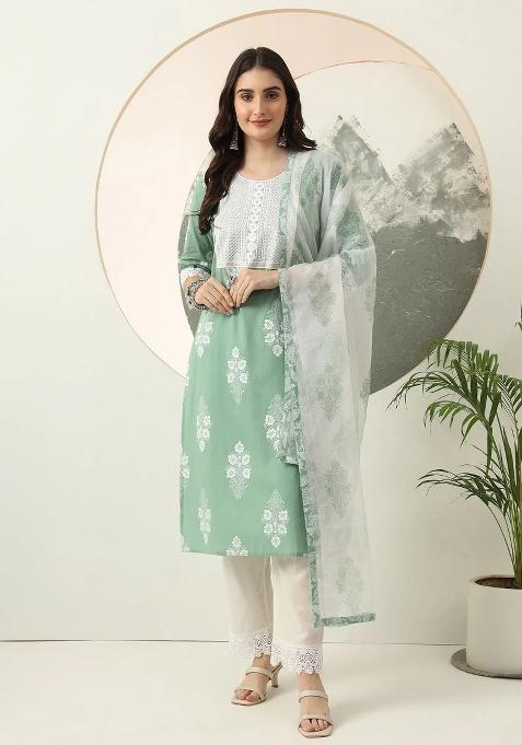 Green Printed Cotton Kurta Dupatta Set