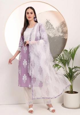 Purple Printed Cotton Kurta Dupatta Set