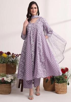 Purple Motif Cotton Kurta Dupatta Set