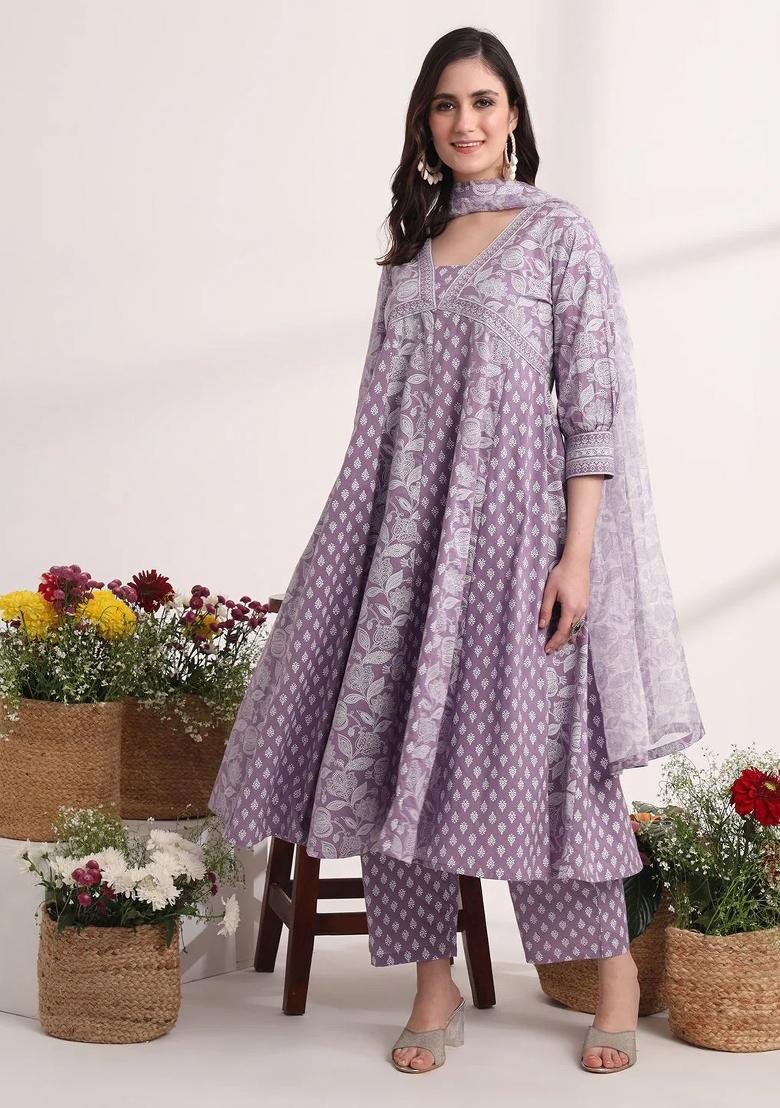 Purple Motif Cotton Kurta Dupatta Set - Indya