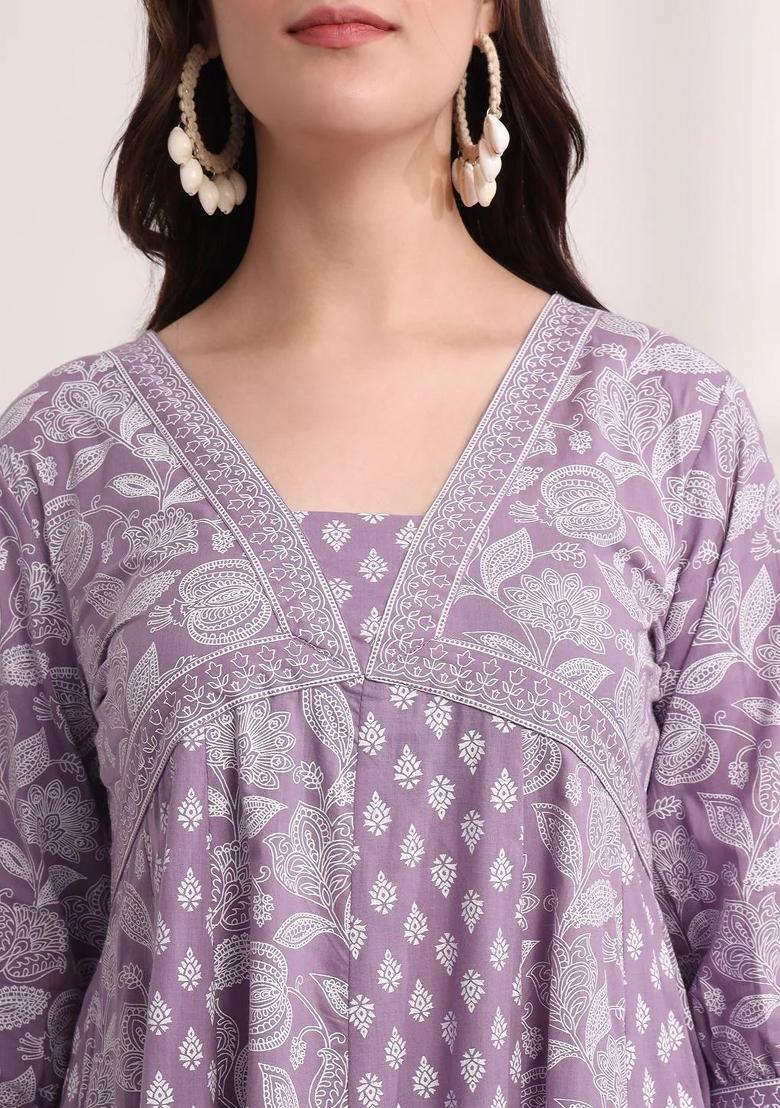 Purple Motif Cotton Kurta Dupatta Set - Indya