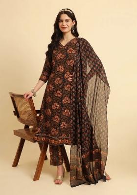 Navy Blue Floral Print Cotton Kurta Dupatta Set