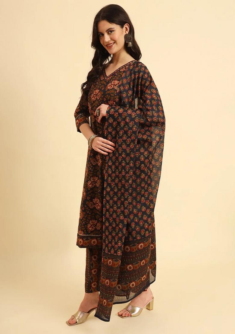 Navy Blue Floral Print Cotton Kurta Dupatta Set - Indya