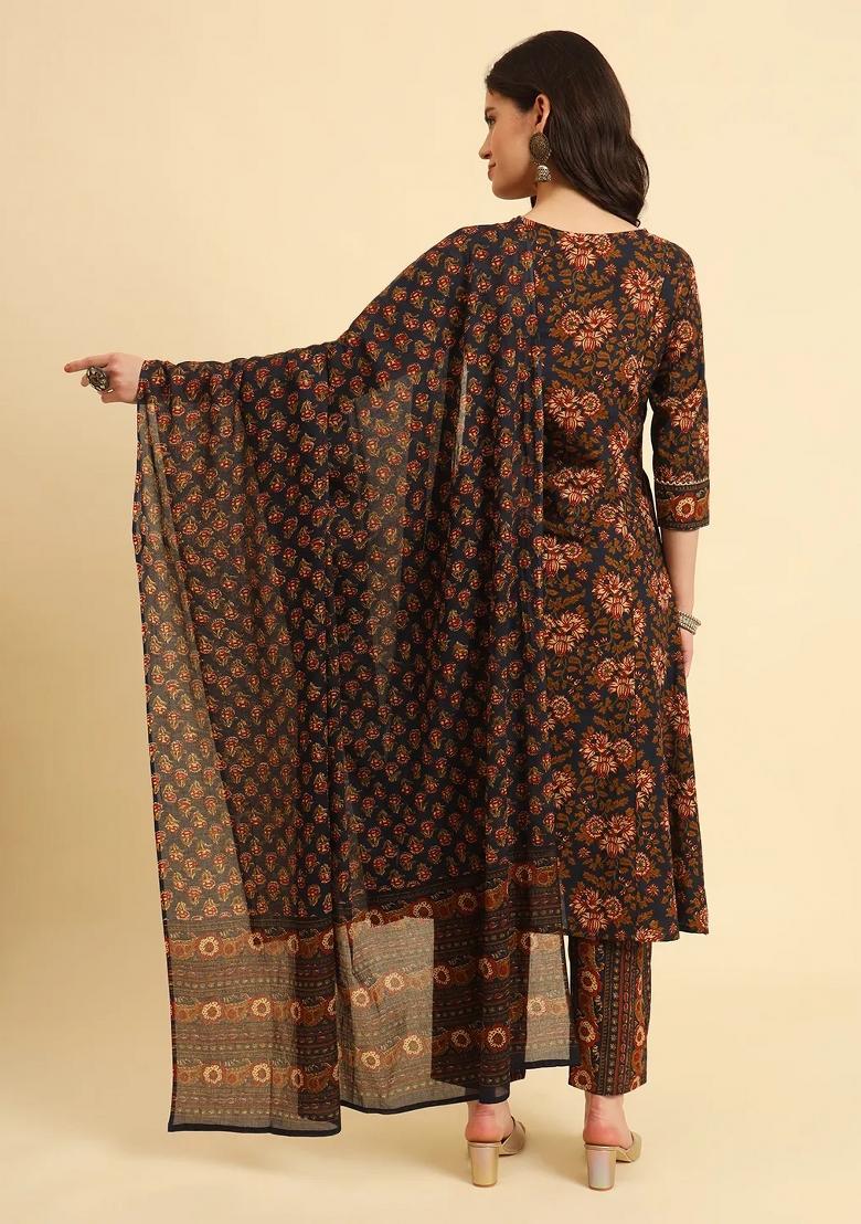 Navy Blue Floral Print Cotton Kurta Dupatta Set - Indya