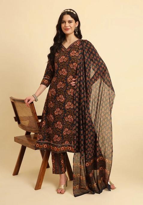 Navy Blue Floral Print Cotton Kurta Dupatta Set