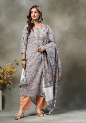 Grey Embroidered Cotton Kurta Dupatta Set