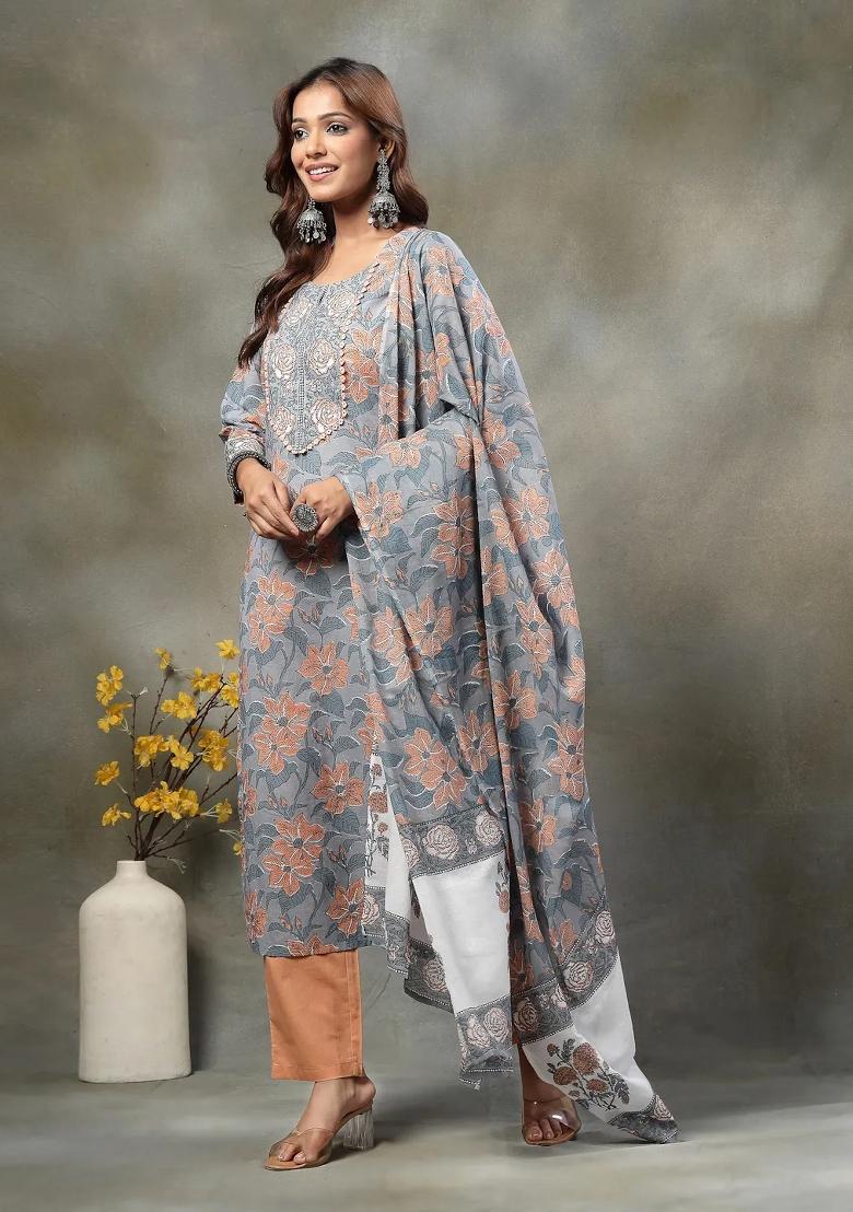 Grey Embroidered Cotton Kurta Dupatta Set - Indya