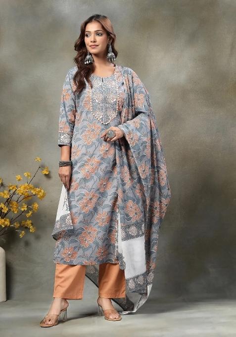 Grey Embroidered Cotton Kurta Dupatta Set