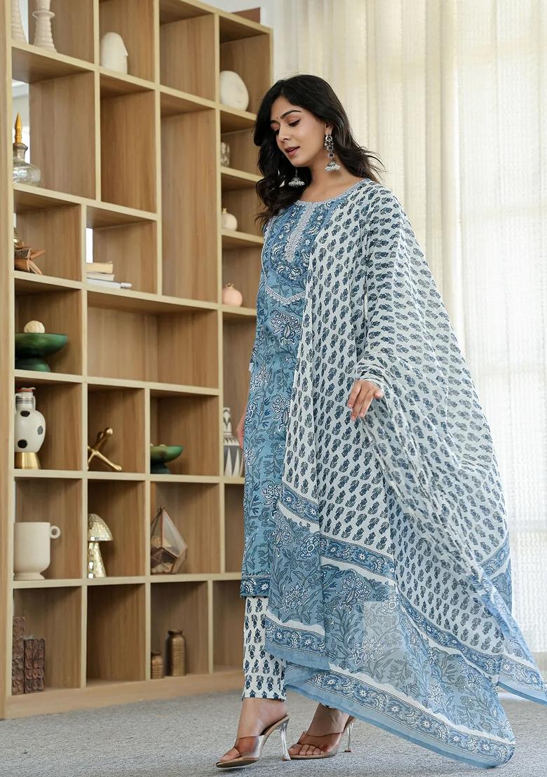 Sky Blue Motif Cotton Kurta Dupatta Set - Indya