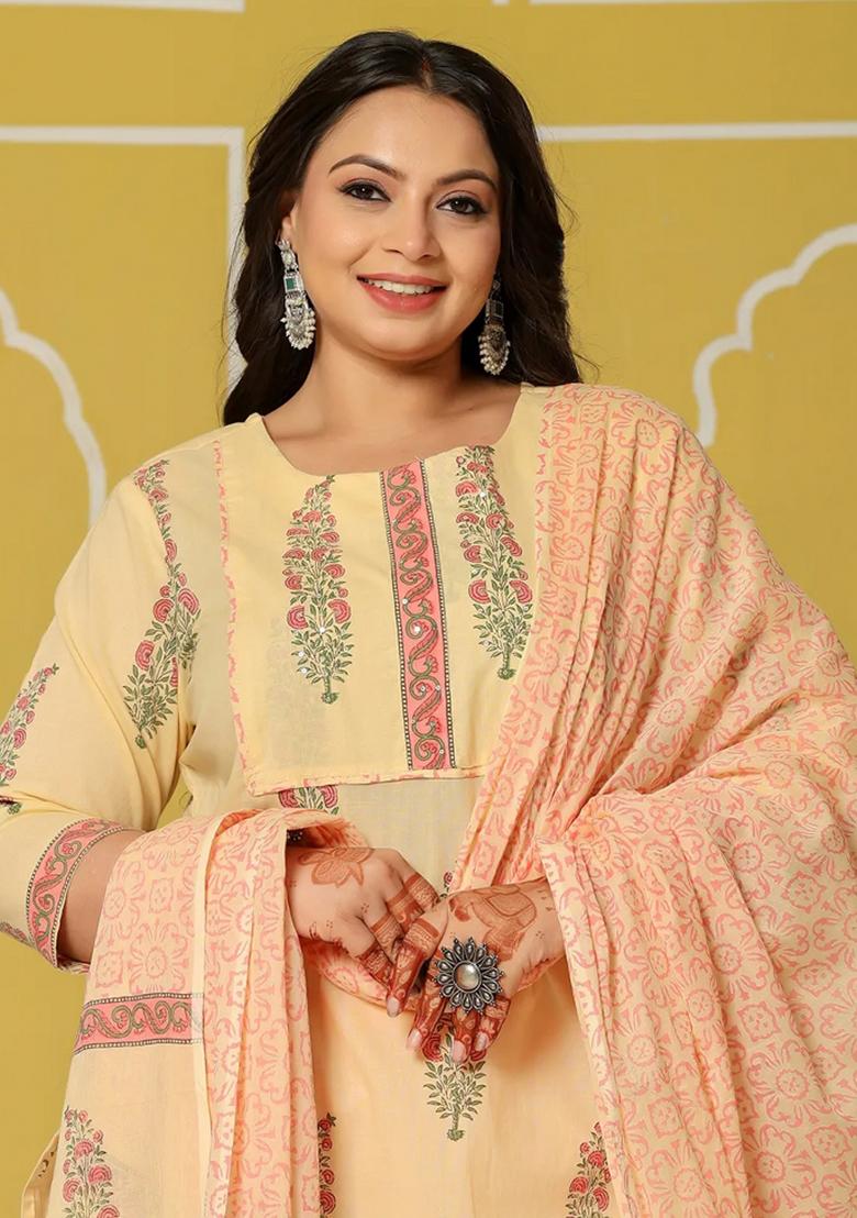 Cream Motif Cotton Kurta Dupatta Set - Indya