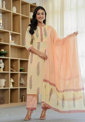 Cream Motif Cotton Kurta Dupatta Set