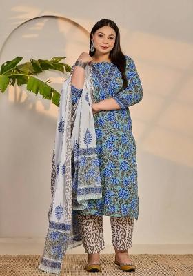 Rama Green Floral Print Cotton Kurta Dupatta Set