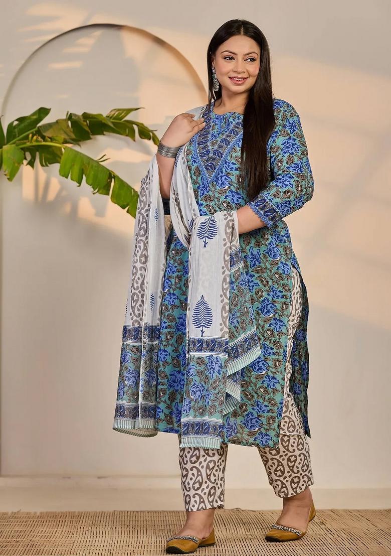 Rama Green Floral Print Cotton Kurta Dupatta Set - Indya