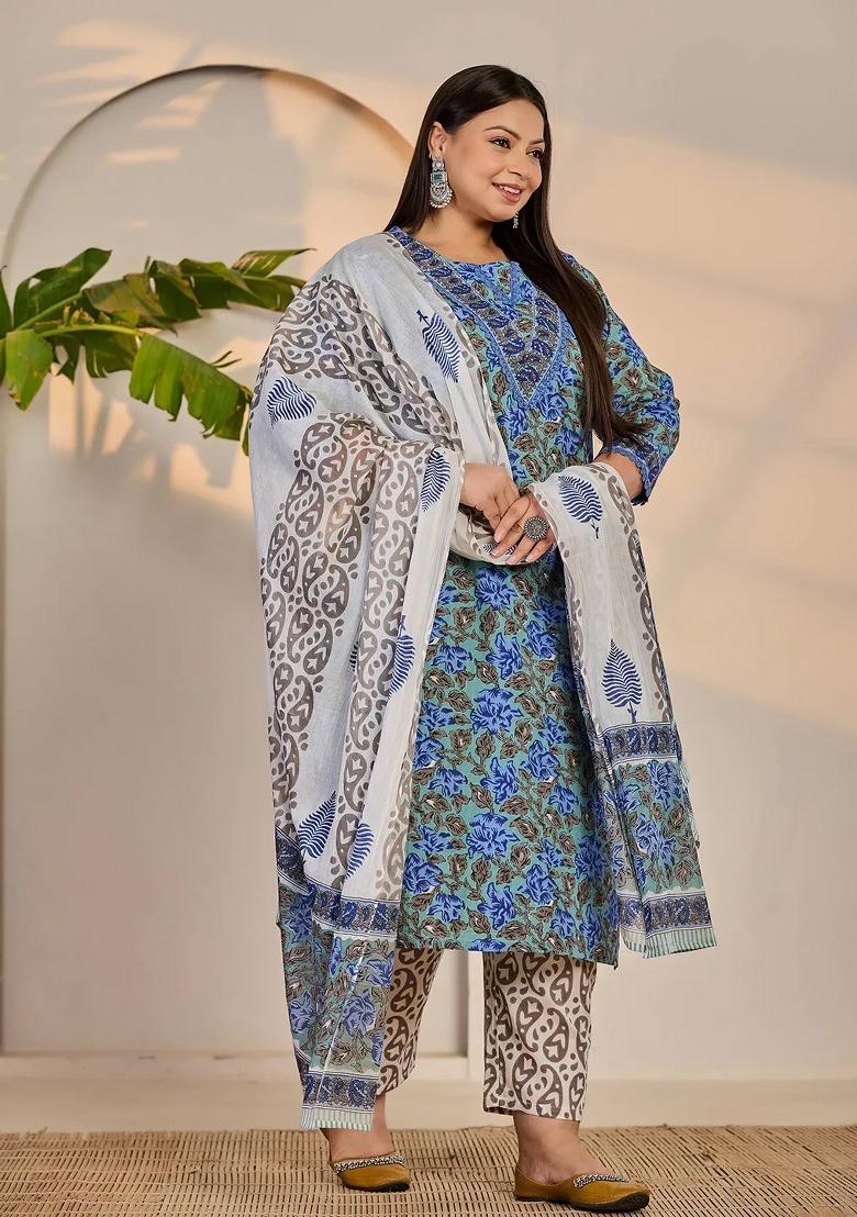 Rama Green Floral Print Cotton Kurta Dupatta Set - Indya
