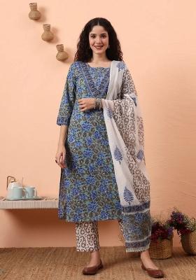 Rama Green Floral Print Cotton Kurta Dupatta Set
