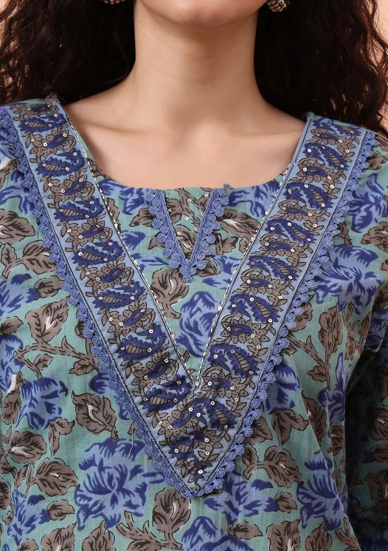 Rama Green Floral Print Cotton Kurta Dupatta Set - Indya