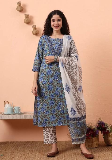 Rama Green Floral Print Cotton Kurta Dupatta Set