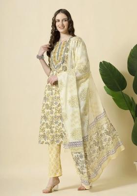 Cream Sequins Work Cotton Kurta Dupatta Set