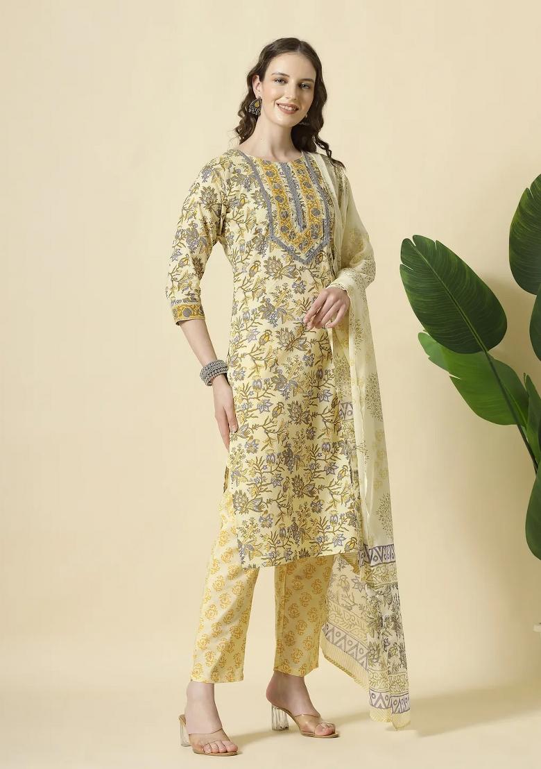 Cream Sequins Work Cotton Kurta Dupatta Set - Indya