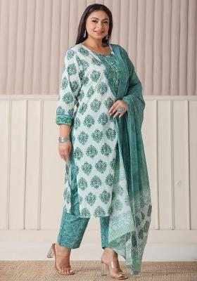 Sea Green Motif Cotton Kurta Dupatta Set