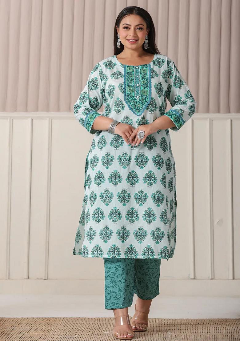Sea Green Motif Cotton Kurta Dupatta Set - Indya