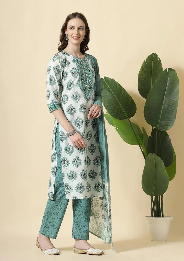 Sea Green Motif Cotton Kurta Dupatta Set - Indya