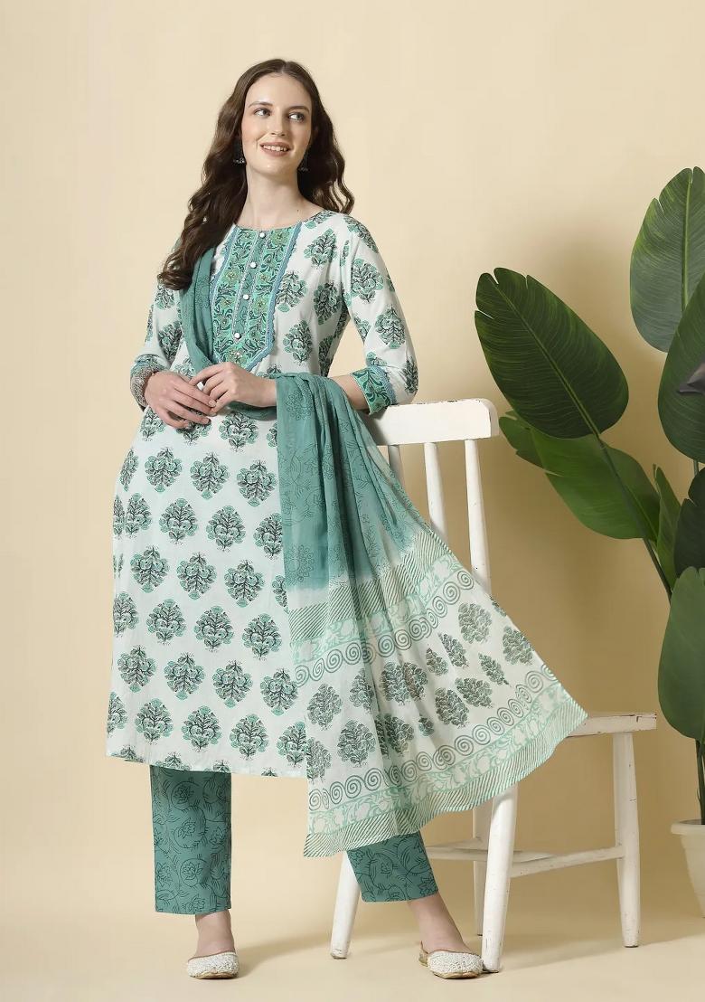 Sea Green Motif Cotton Kurta Dupatta Set - Indya