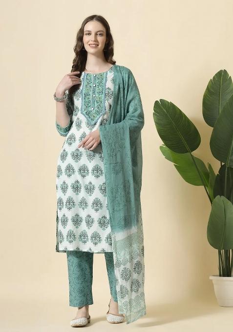 Sea Green Motif Cotton Kurta Dupatta Set