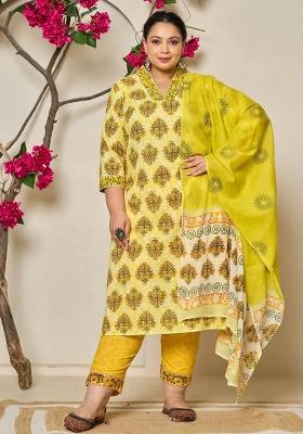 Yellow Sequins Work Cotton Kurta Dupatta Set