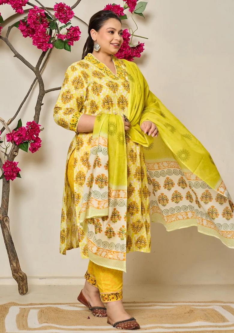 Yellow Sequins Work Cotton Kurta Dupatta Set - Indya