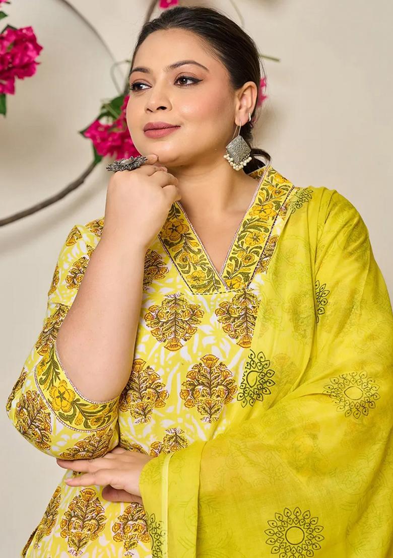 Yellow Sequins Work Cotton Kurta Dupatta Set - Indya