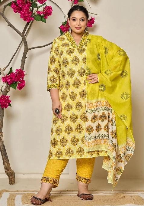Yellow Sequins Work Cotton Kurta Dupatta Set