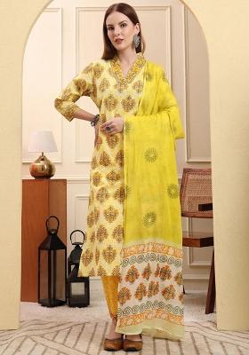 Yellow Sequins Work Cotton Kurta Dupatta Set