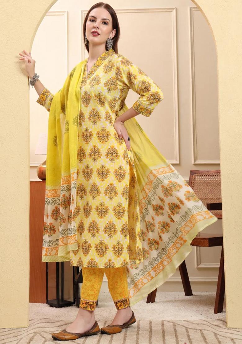 Yellow Sequins Work Cotton Kurta Dupatta Set - Indya