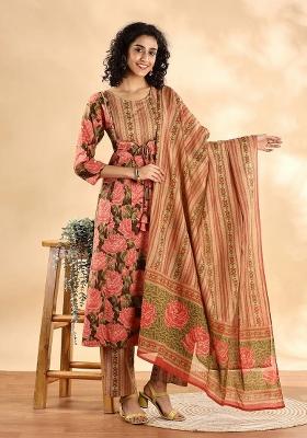 Peach Printed Cotton Kurta Dupatta Set