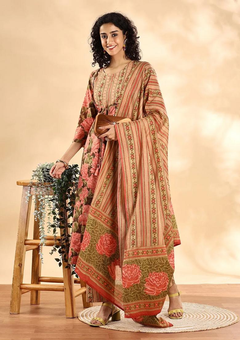 Peach Printed Cotton Kurta Dupatta Set - Indya