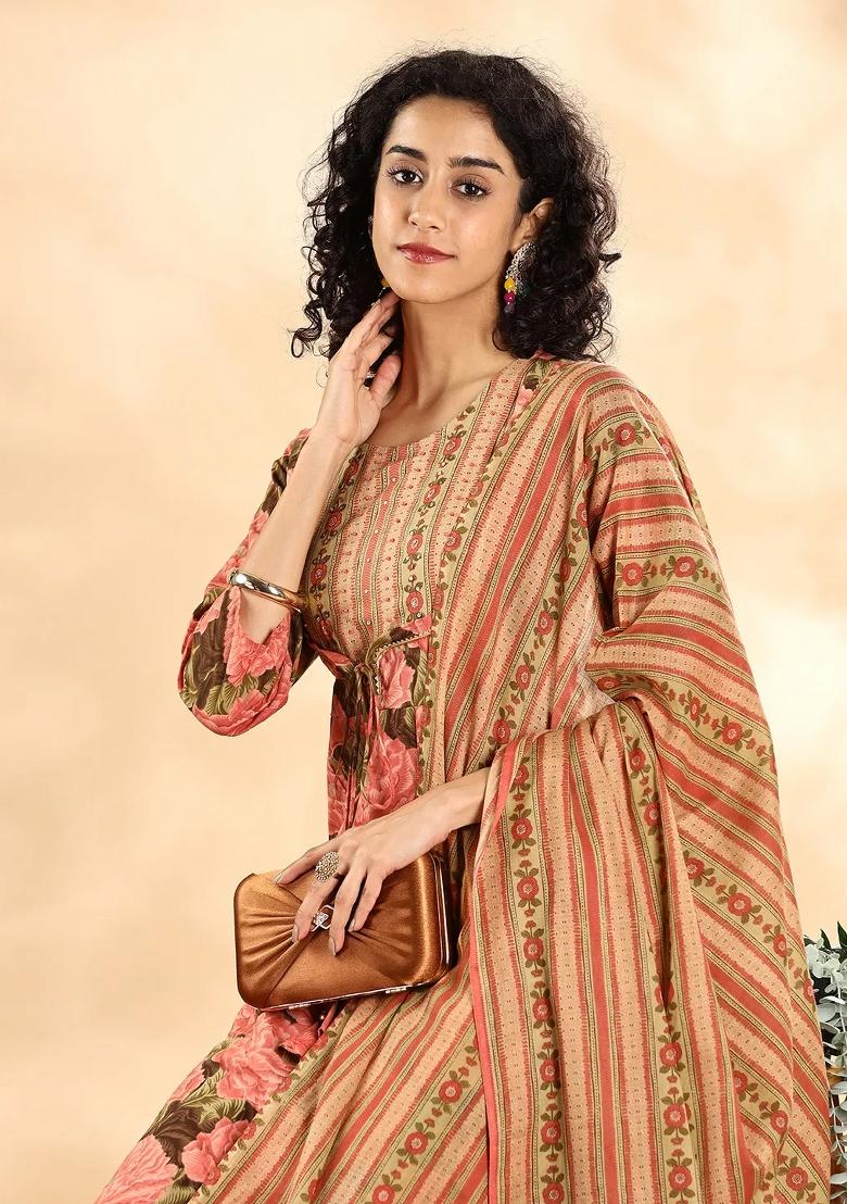 Peach Printed Cotton Kurta Dupatta Set - Indya