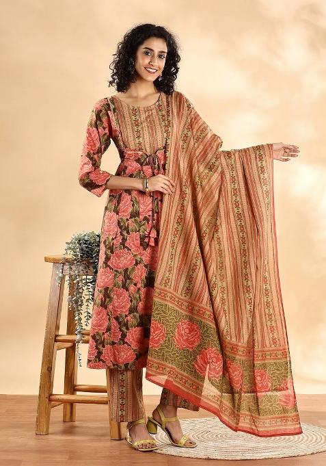 Peach Printed Cotton Kurta Dupatta Set