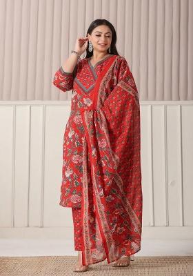 Red Printed Cotton Kurta Dupatta Set