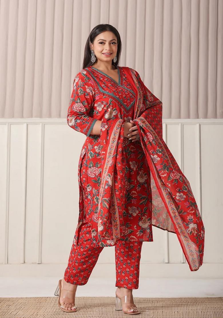 Red Printed Cotton Kurta Dupatta Set - Indya