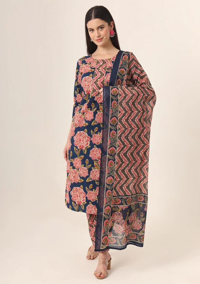 Blue Motif Cotton Kurta Dupatta Set - Indya