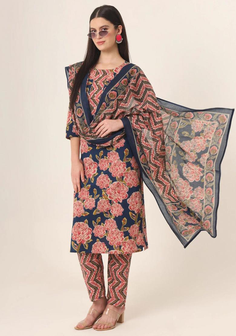 Blue Motif Cotton Kurta Dupatta Set - Indya