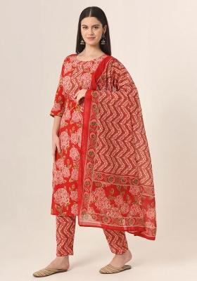 Red Motif Cotton Kurta Dupatta Set