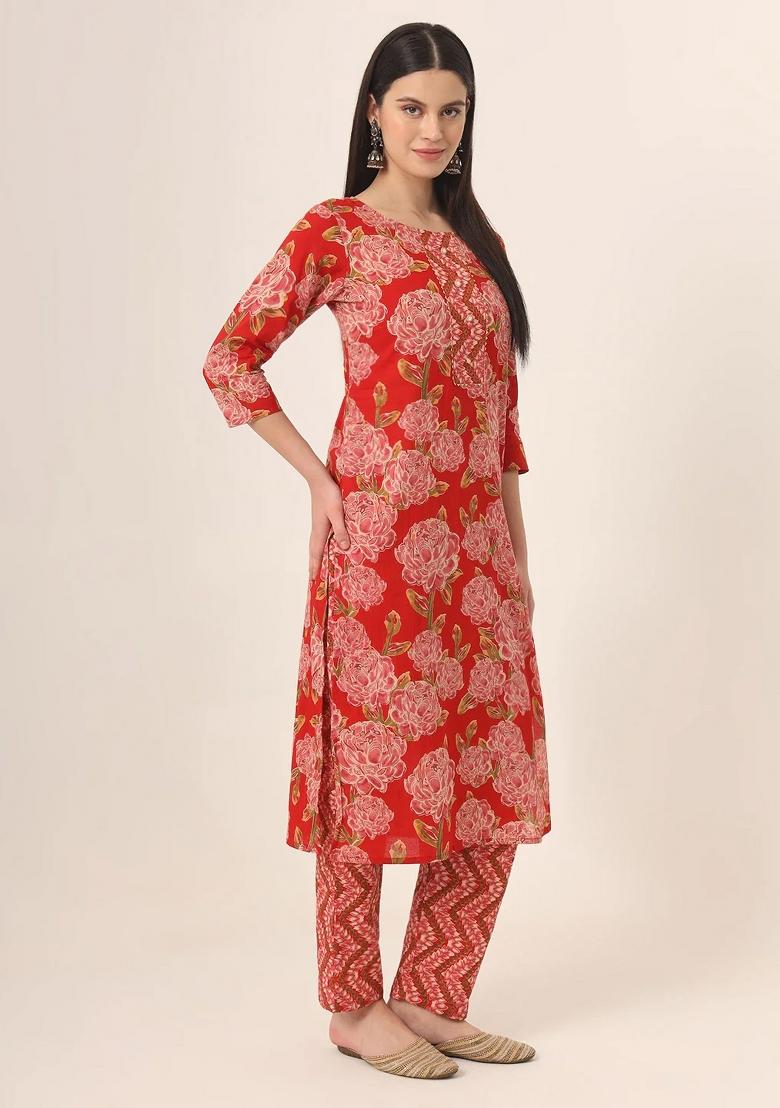 Red Motif Cotton Kurta Dupatta Set - Indya