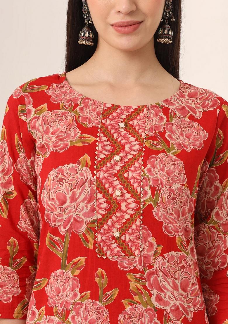 Red Motif Cotton Kurta Dupatta Set - Indya