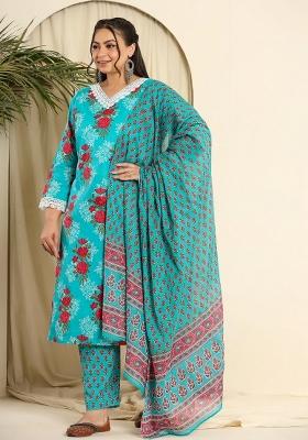 Blue Motif Cotton Kurta Dupatta Set