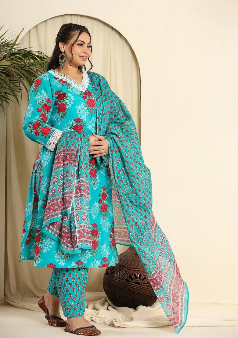 Blue Motif Cotton Kurta Dupatta Set - Indya