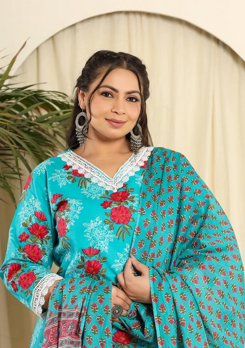 Blue Motif Cotton Kurta Dupatta Set - Indya