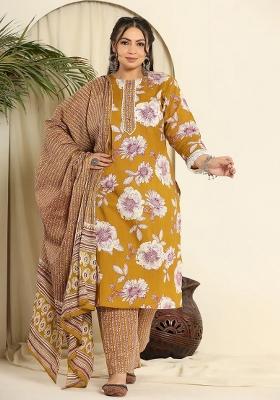 Mustard Motif Cotton Kurta Dupatta Set